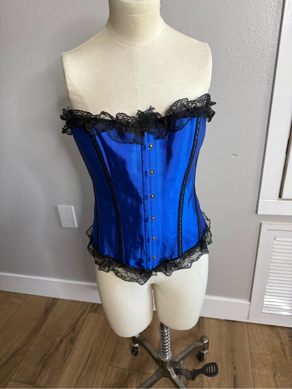 Blue Lace-Trim Satin Corset Bustier